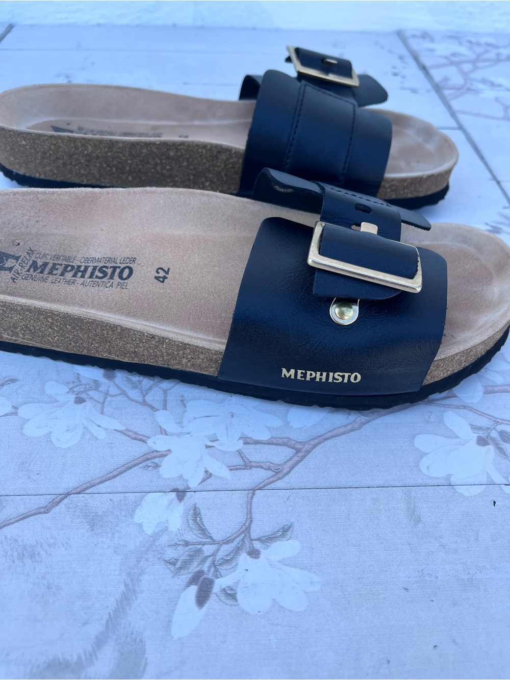 Mephisto Black Slide Sandals with Gold Buckles - Picture 3 of 6